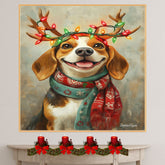 Beagle Christmas Charm - 'Rustic Snuggles' - Beagle Dog with Lighted Antlers & Festive Scarf on Rustic Canvas, Ready to Hang 1.5" Thick Canvas Wrap, Floating Framed Canvas, Flat Rolled Canvas